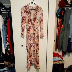 Jaase Cream Tan Pleated Wrap Long Sleeve Dress